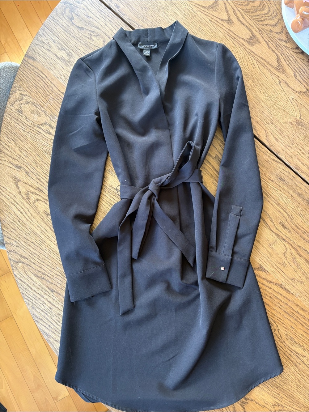 le chateau Black Long-Sleeve Wrap Shirt Dress with Tie Waist